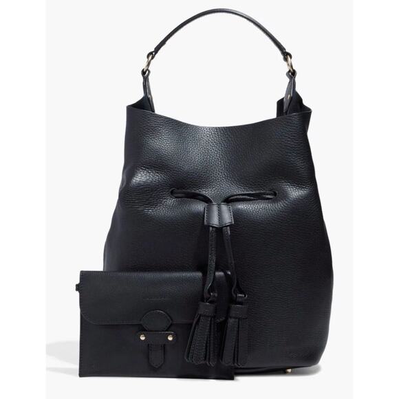 Burberry Black Tasseled Pebbled-Leather Drawstring Bucket Bag NWT